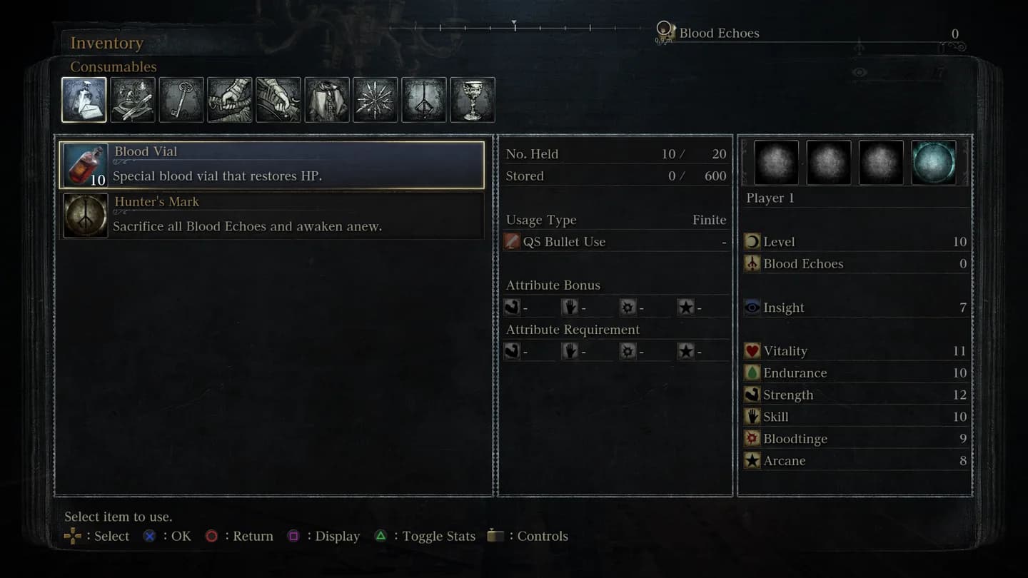 The inventory with Blood Vial selected: 10 held.