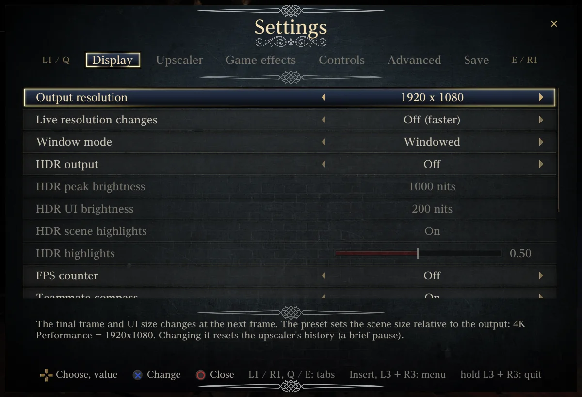 Insert settings, Display: output resolution, live resolution changes, window mode, HDR and the FPS counter.