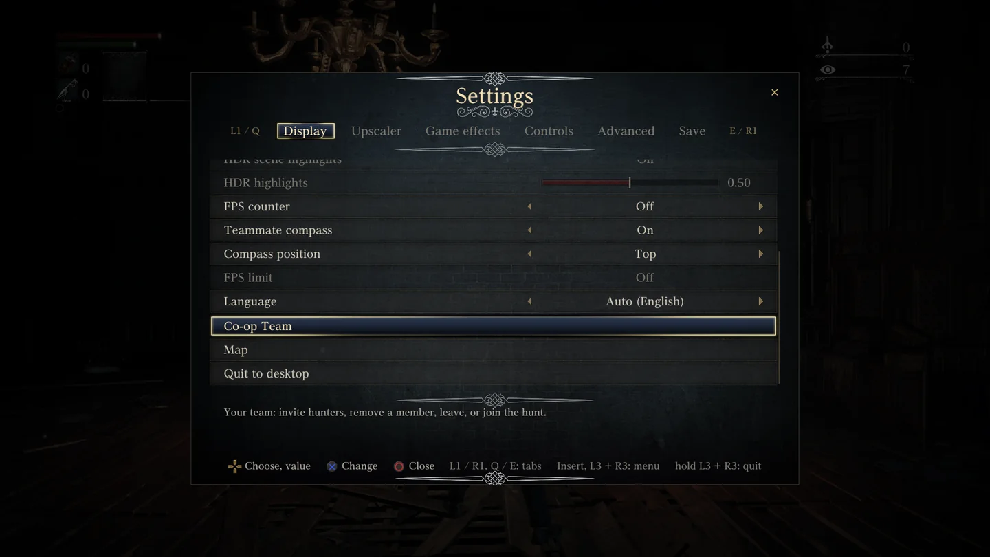 The Insert settings menu over the game, on the Display tab, with Co-op Team selected above Map and Quit to desktop.