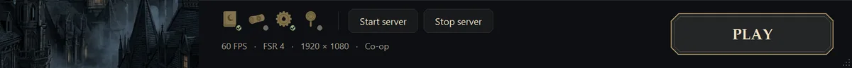 The launcher's bottom bar: four status icons, Start server, Stop server and PLAY, with the frame rate, upscaler and resolution under the icons.