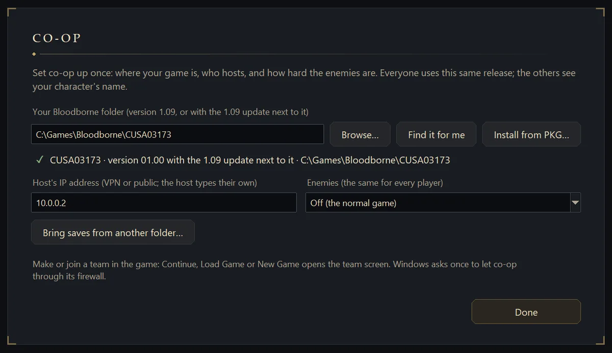 The launcher's Co-op page with the game folder and the host's address filled in.