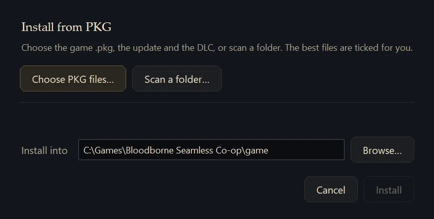 The Install from PKG window: Choose PKG files, Scan a folder, the Install into folder with Browse, and Cancel and Install.