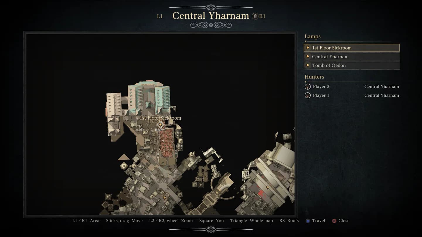The map of Central Yharnam with lit lamps and Player 1 and Player 2 under Hunters.