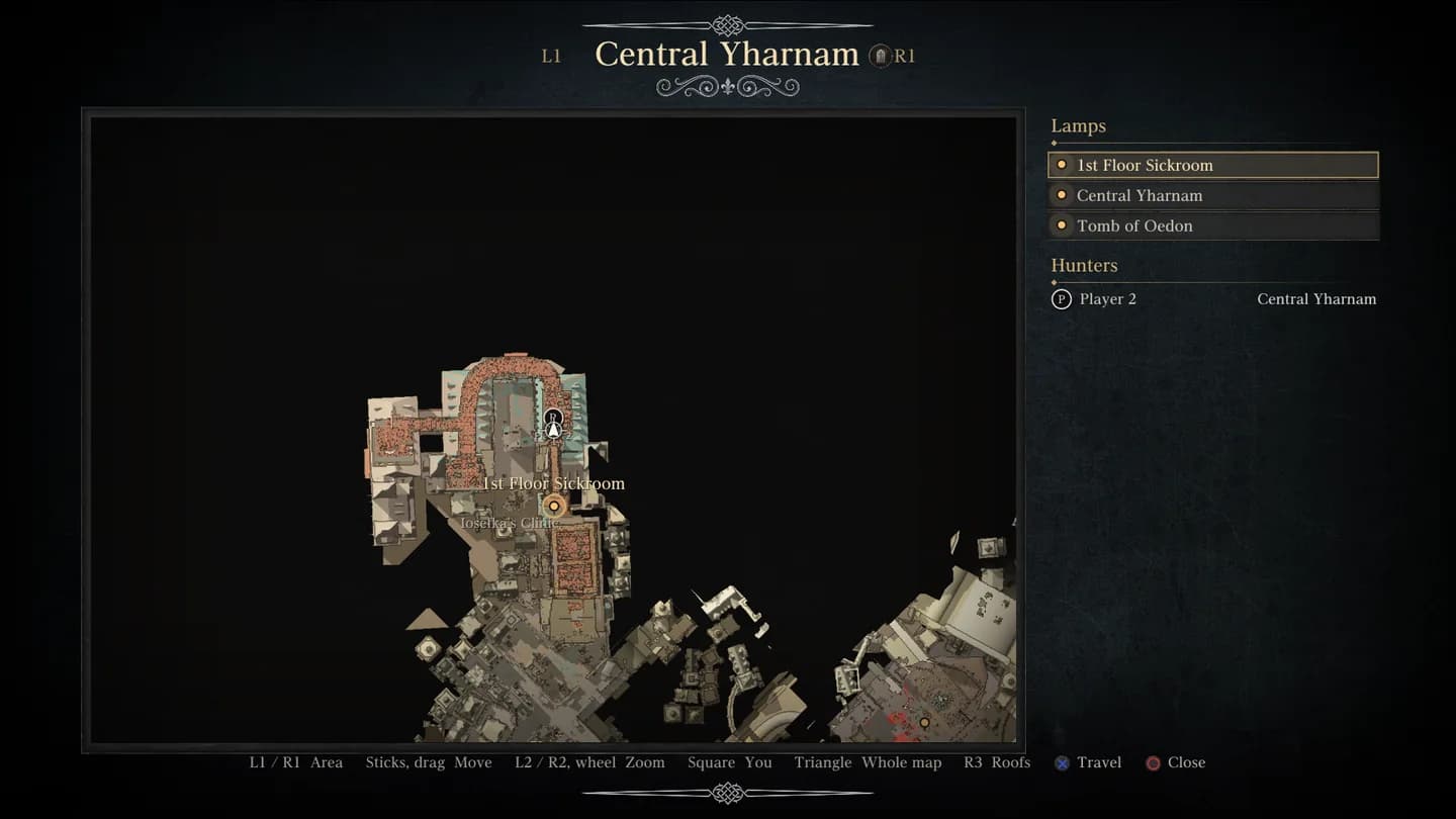 The map of Central Yharnam with the lamps 1st Floor Sickroom, Central Yharnam and Tomb of Oedon, and Player 2 listed under Hunters in Central Yharnam.
