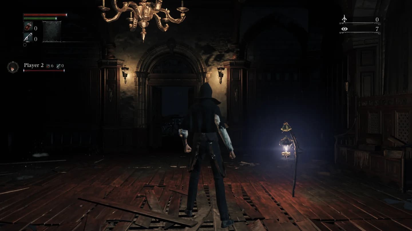 Player 1 in a clinic hall in Central Yharnam, with Player 2 in the party list on the left.
